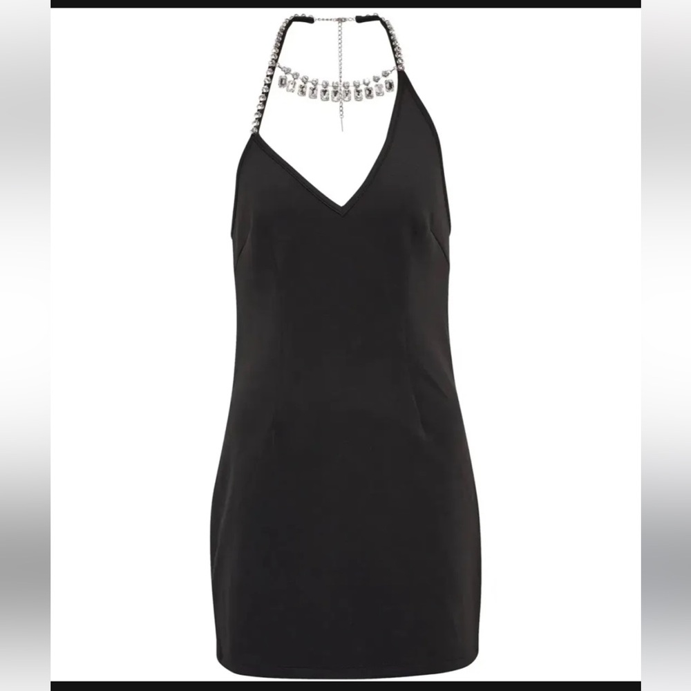 NWOT Area - Asymmetrical Crystal Halter Mini Dress